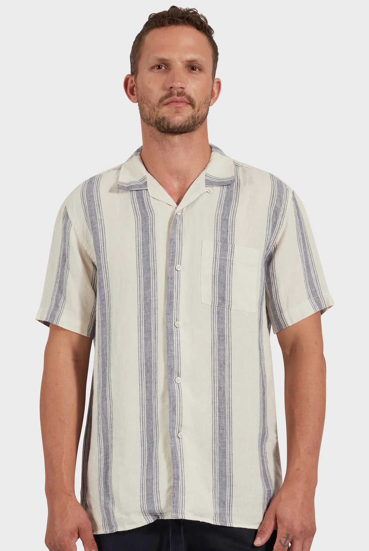 Driftwood Short Sleeve Shirt in Navy Stripe