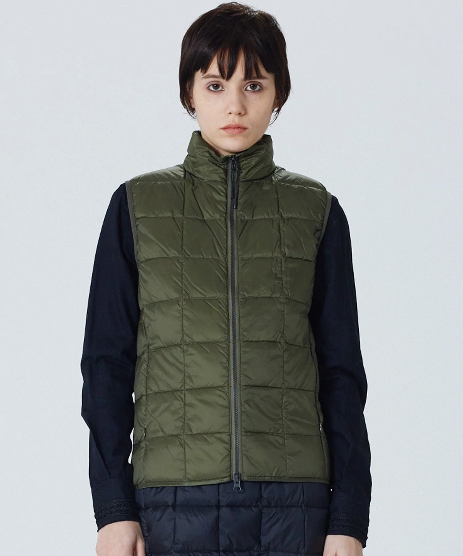 Basic High Neck W-Zip Inner Down Vest in Dark Olive