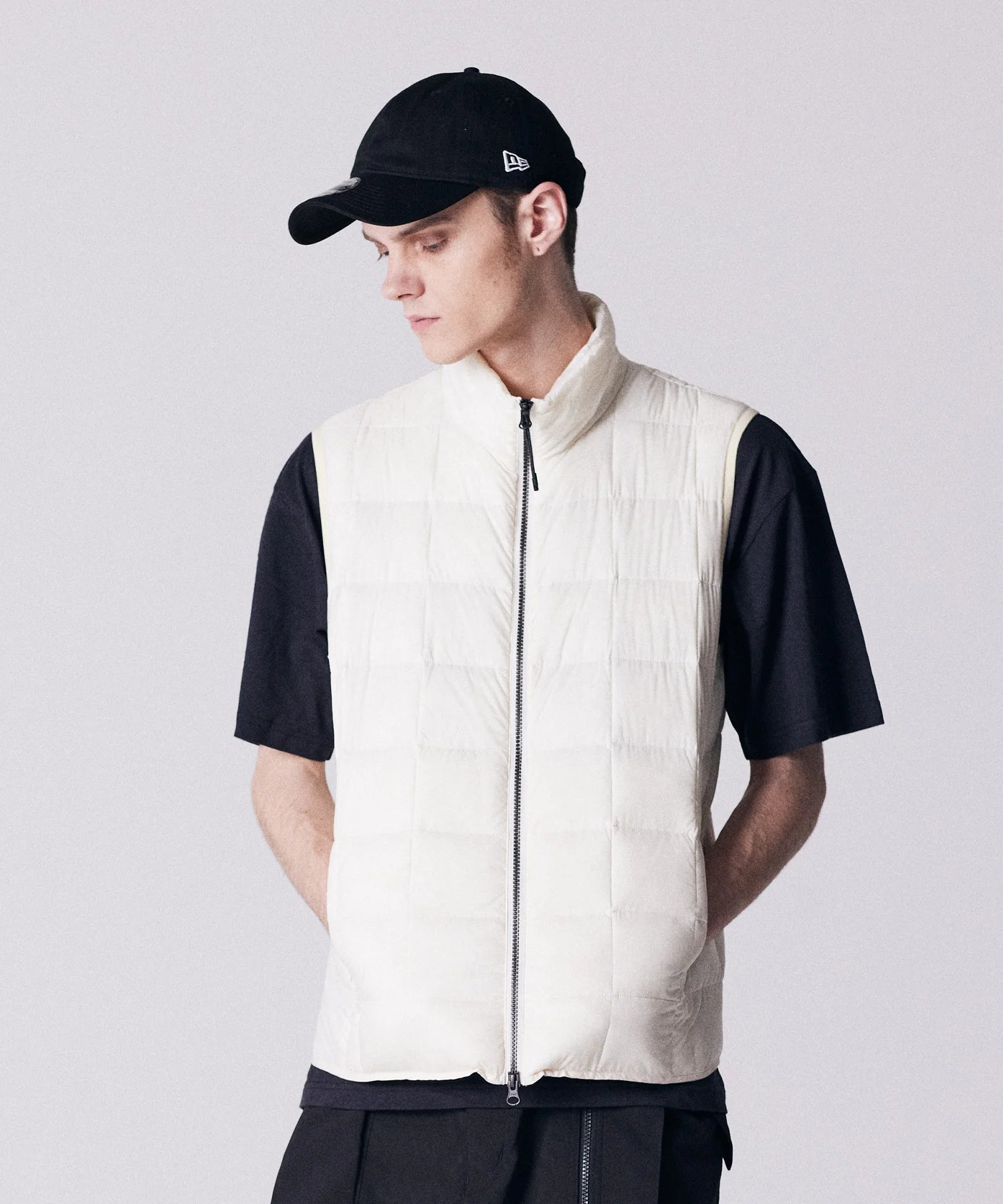 Basic High Neck W-Zip Inner Down Vest in Off White