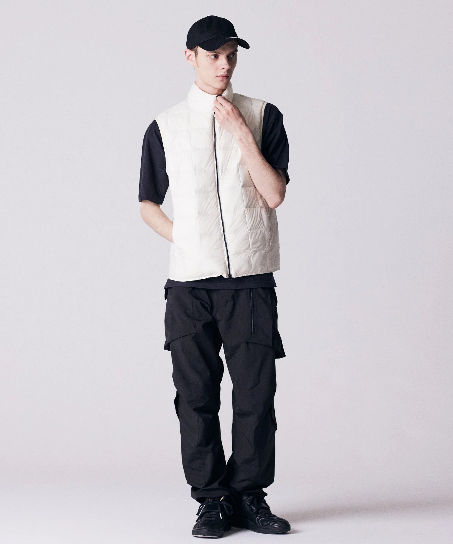 Basic High Neck W-Zip Inner Down Vest in Off White