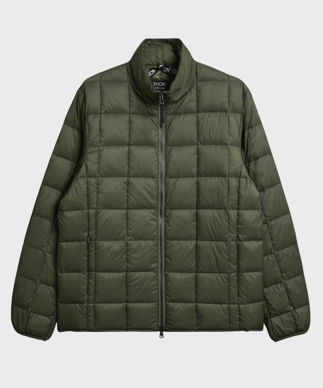 Basic High Neck W-Zip Inner Down Jacket in Dark Olive