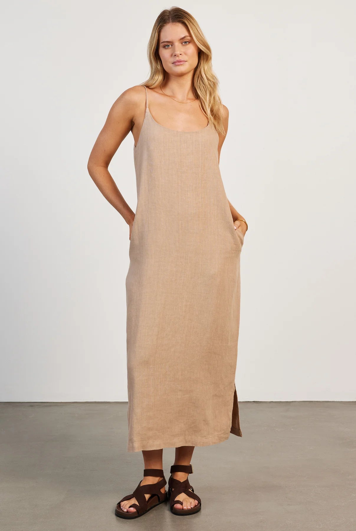 Essential Linen Slip Dress in Warm Sand