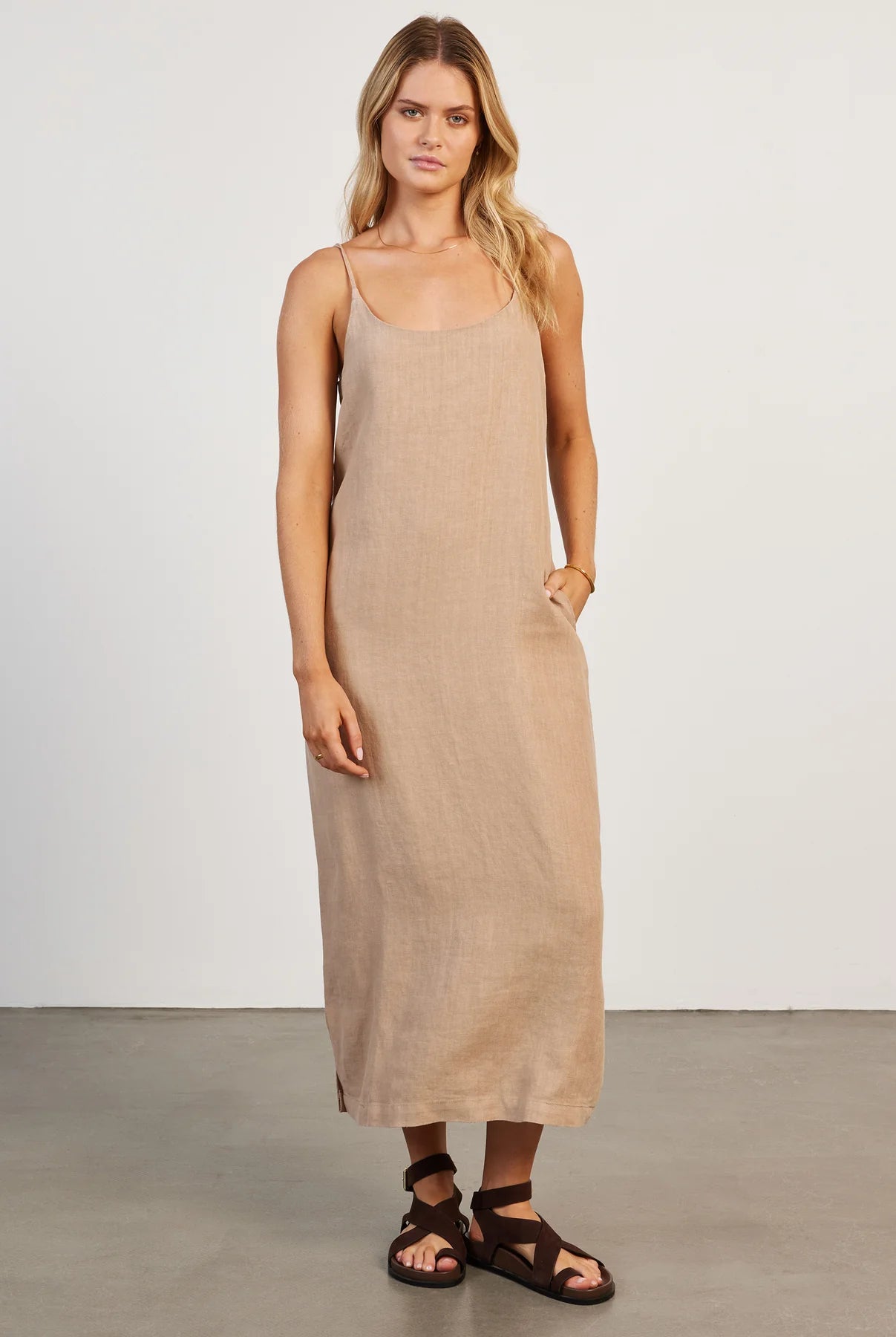 Essential Linen Slip Dress in Warm Sand