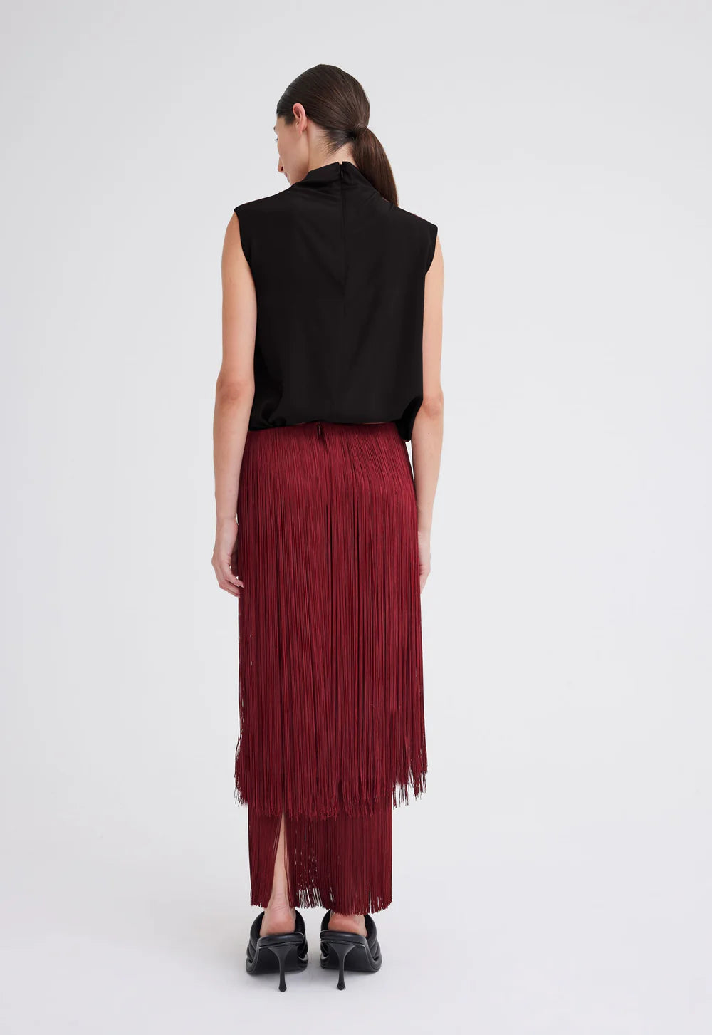 Marquee Wool Fringe Skirt in Cheru Red