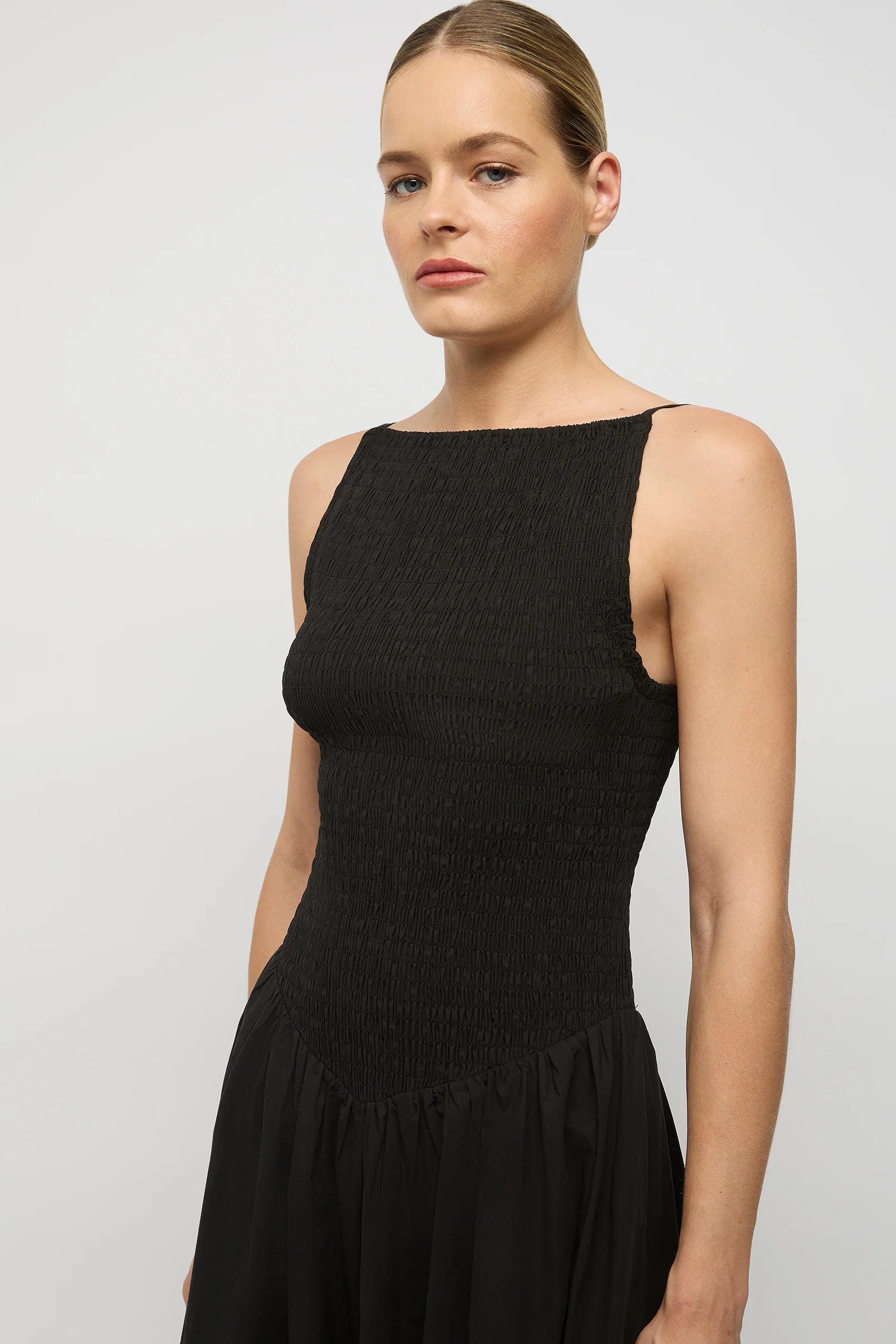Nyssa Longline Shirred Cotton Dress in Black