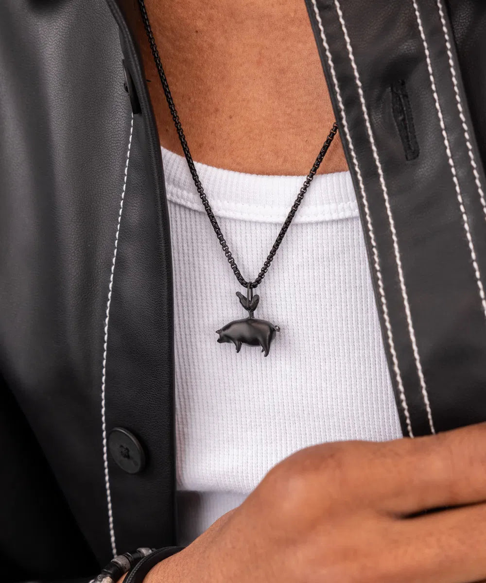 Pig & Hen Logo Pendant Necklace (Black)