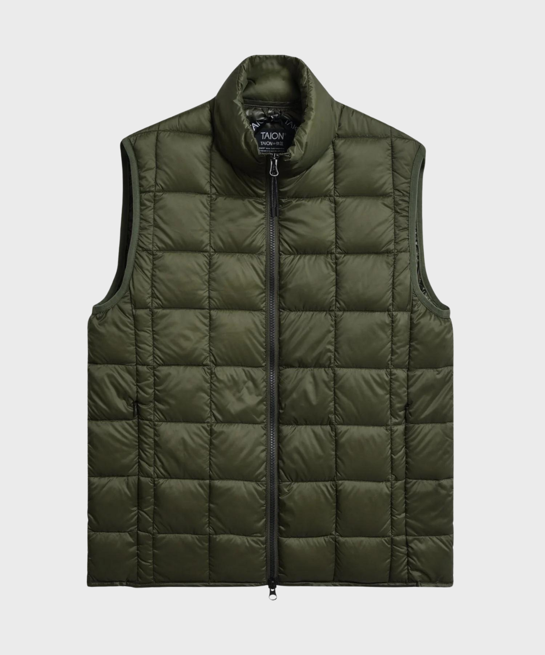 Basic High Neck W-Zip Inner Down Vest in Dark Olive