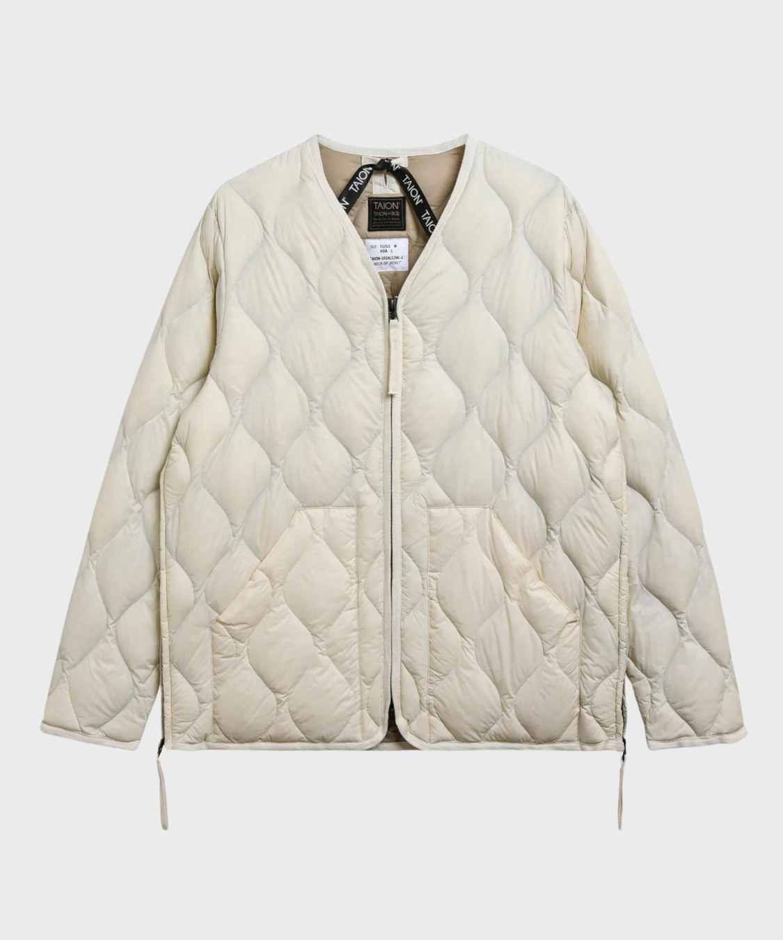 Military V-Neck W-Zip Down Jacket (Soft Shell) in Off White