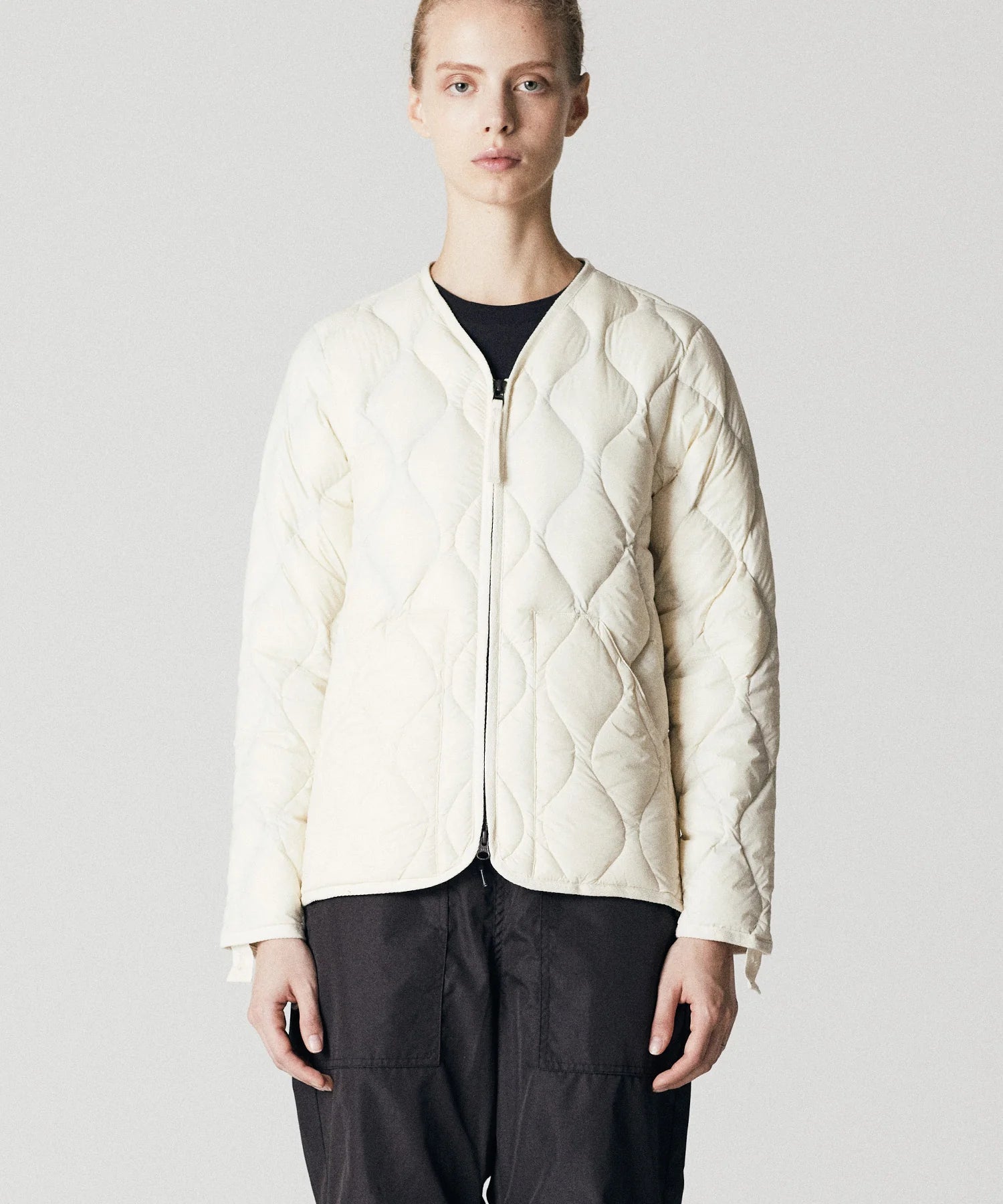 Military V-Neck W-Zip Down Jacket (Soft Shell) in Off White