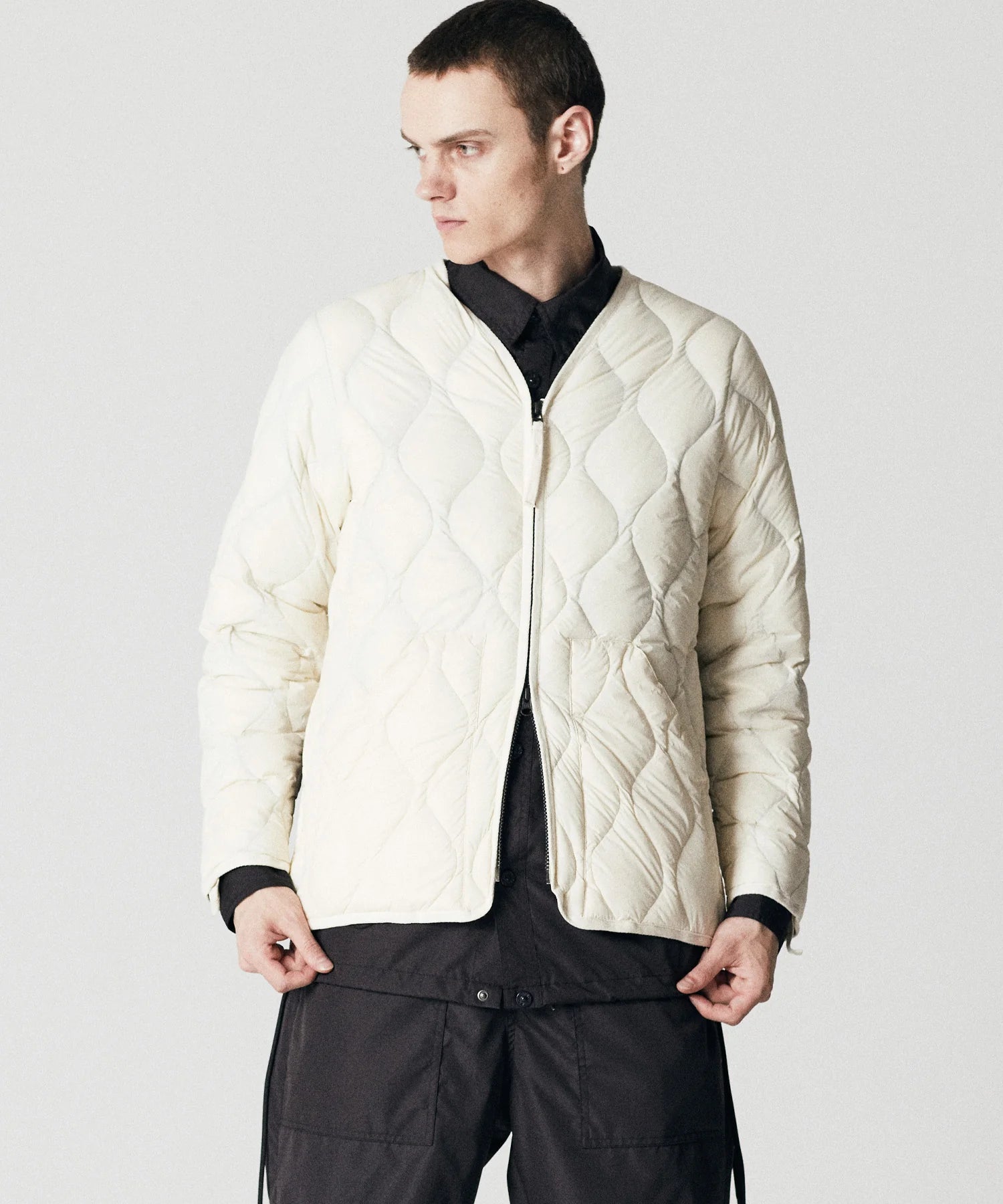 Military V-Neck W-Zip Down Jacket (Soft Shell) in Off White