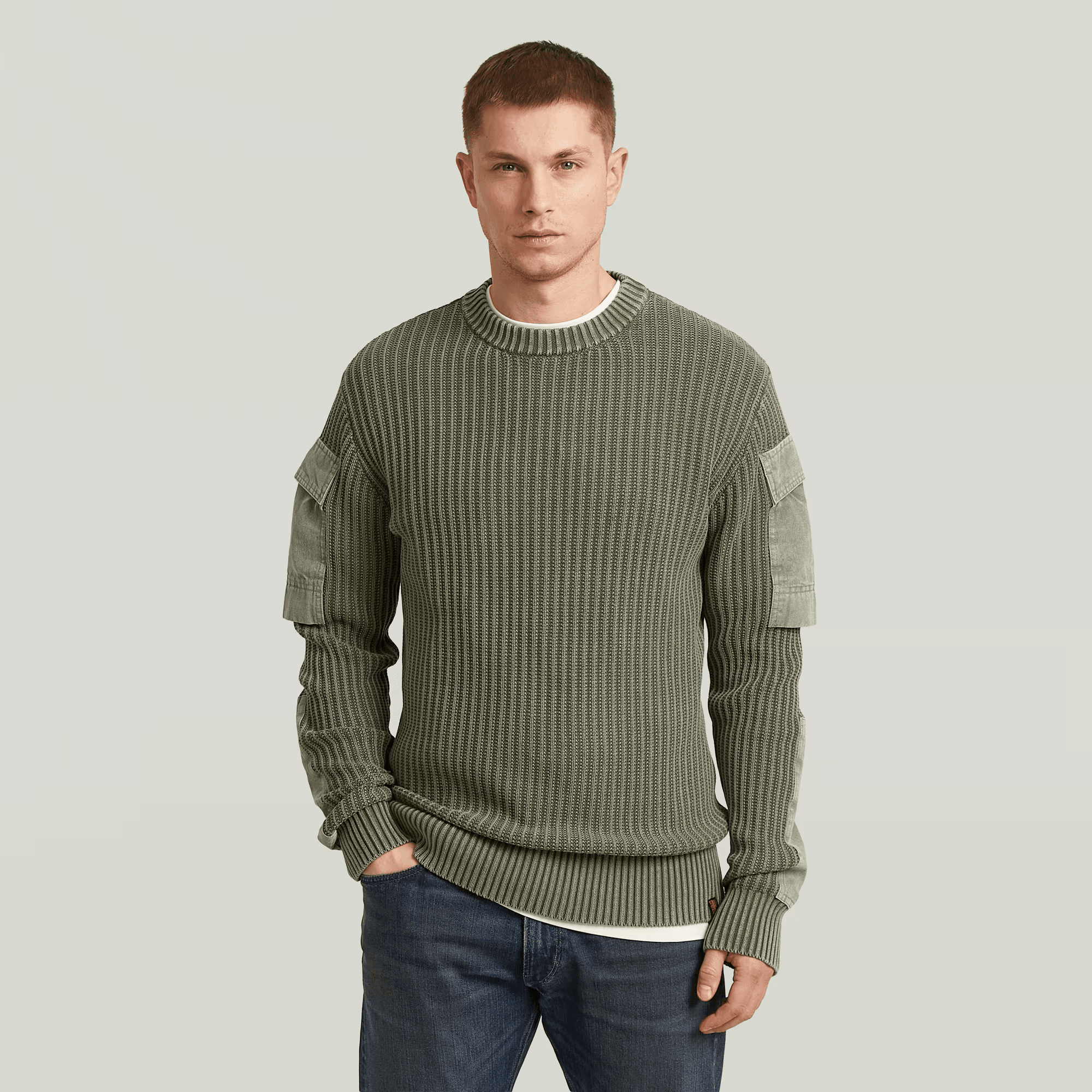 Woven Mix Washed Knit Pullover in Shadow Olive - Milu James St