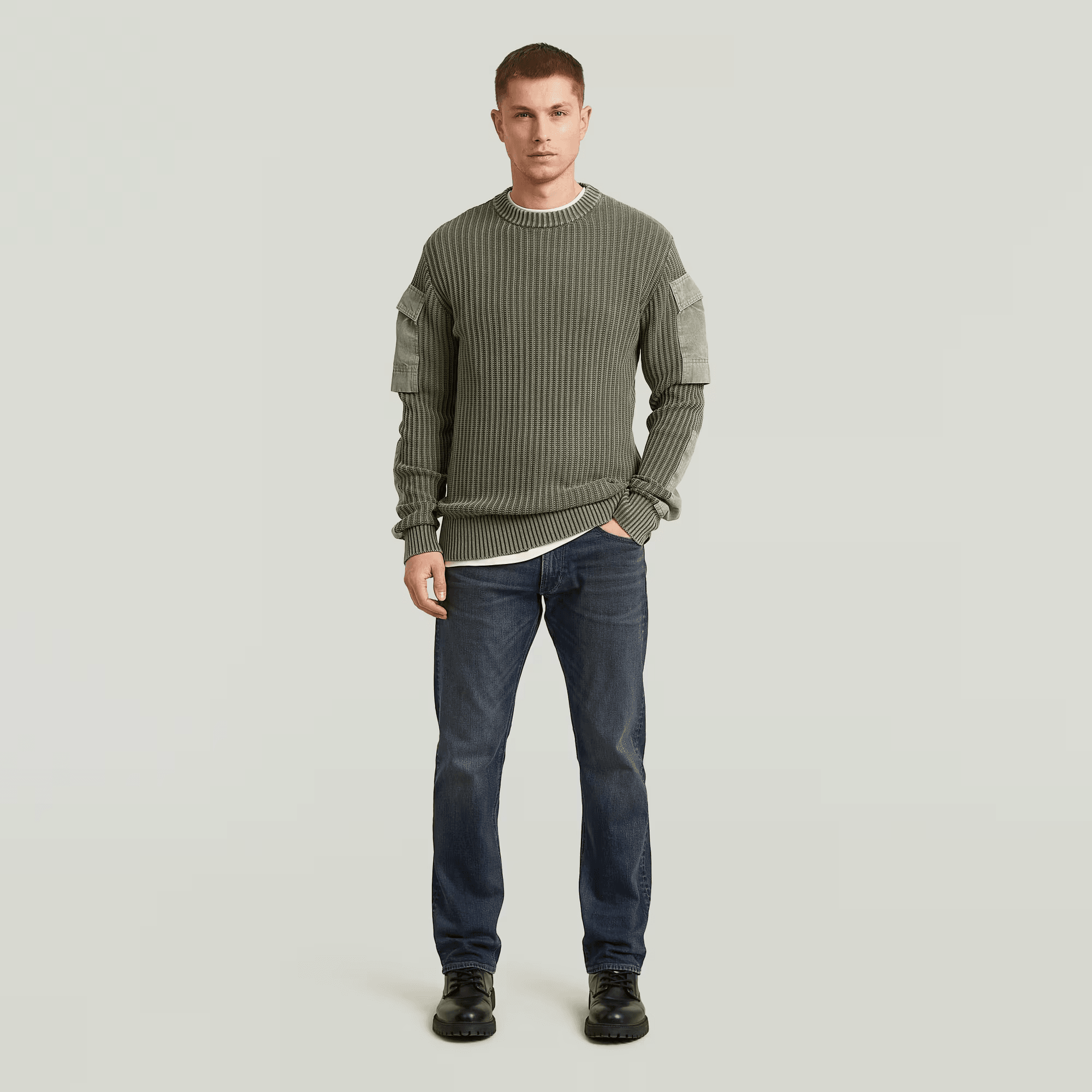 Woven Mix Washed Knit Pullover in Shadow Olive - Milu James St