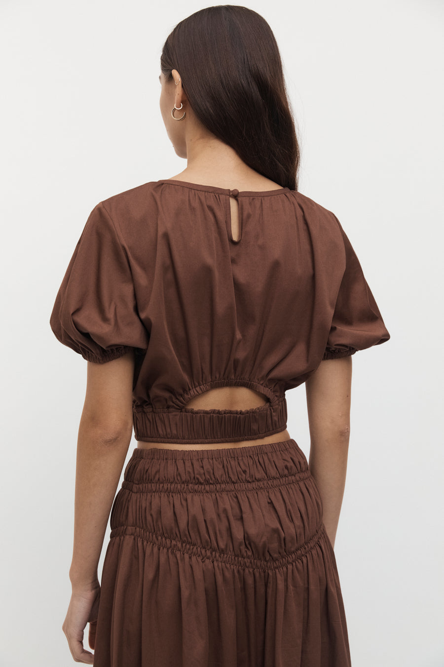 Adrienne Elastic Ruched Midi Skirt in Chocolate