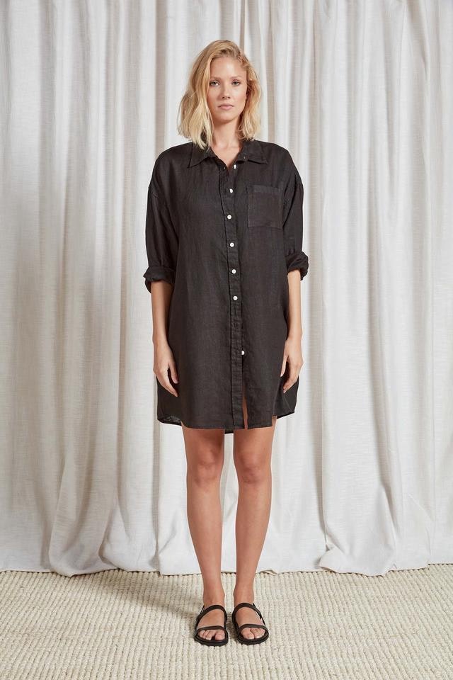 (W) Hampton L/S Linen Shirt Dress in Black