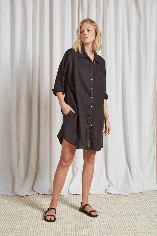 (W) Hampton L/S Linen Shirt Dress in Black