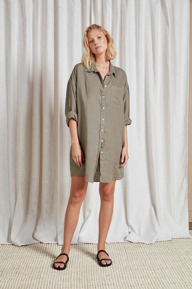 (W) Hampton L/S Linen Shirt Dress in Olive