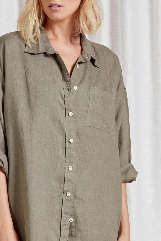 (W) Hampton L/S Linen Shirt Dress in Olive