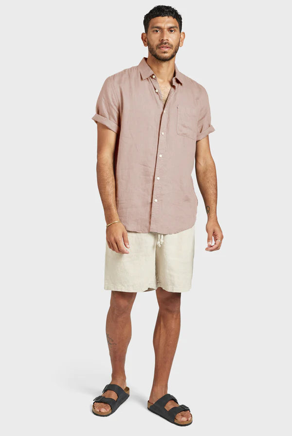 Hampton Linen Short Sleeve Shirt in Rosette Pink