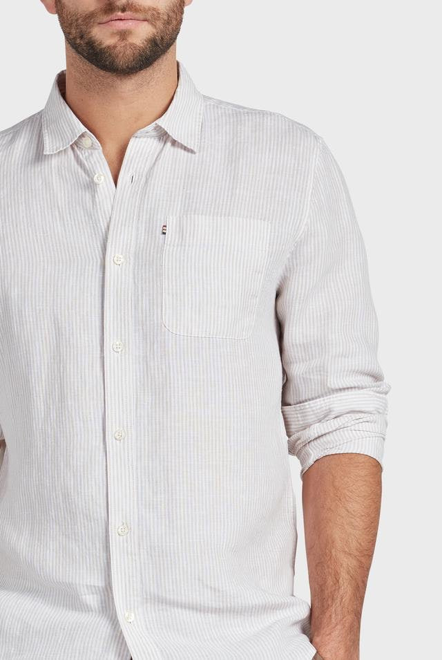 Hampton L/S Linen Shirt in Oatmeal Stripe